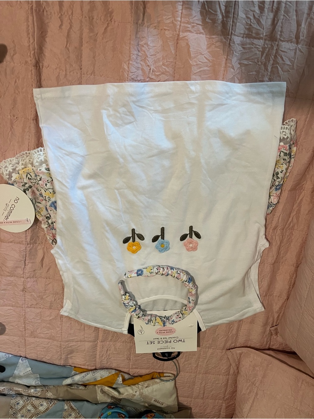 Kids White Floral-Trim Matching Set with Embroidered Flowers